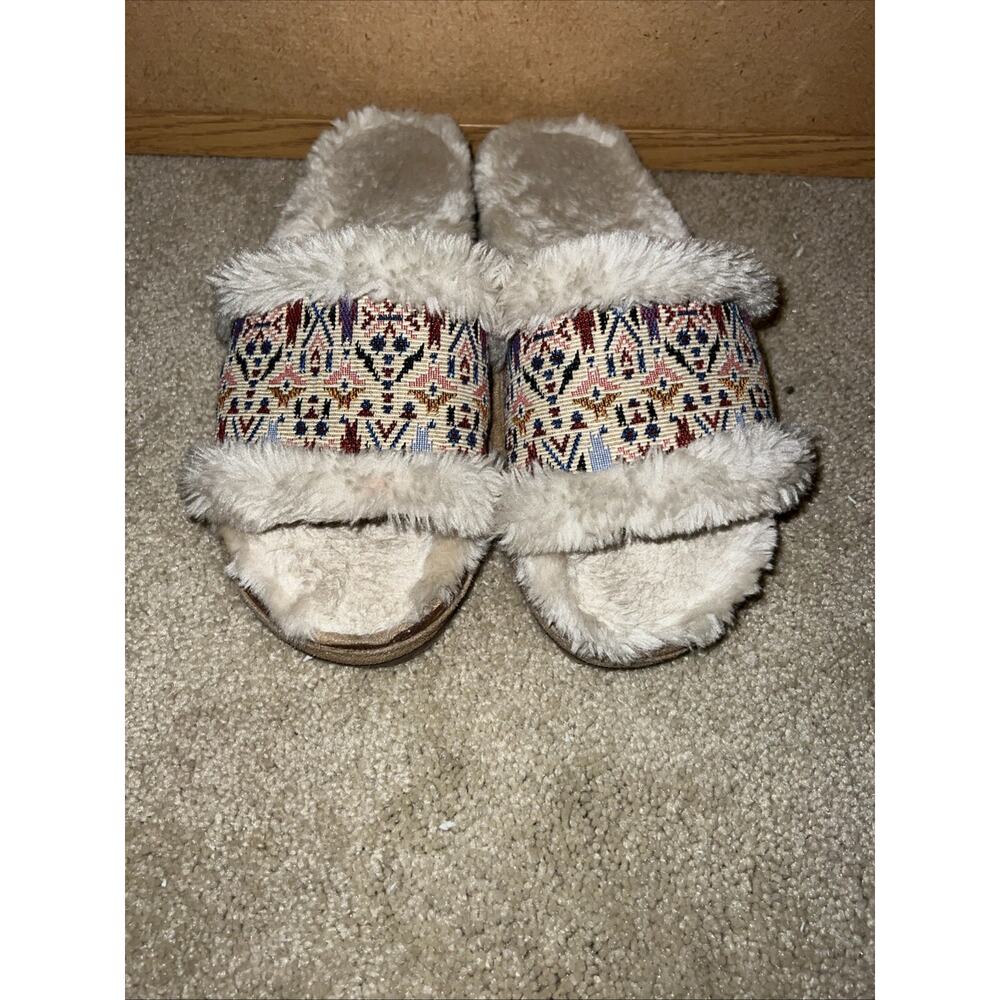 MINNETONKA Slide Slippers‎ Sz 6M Faux Fur Lining Trim Indoor Outdoor Sandals